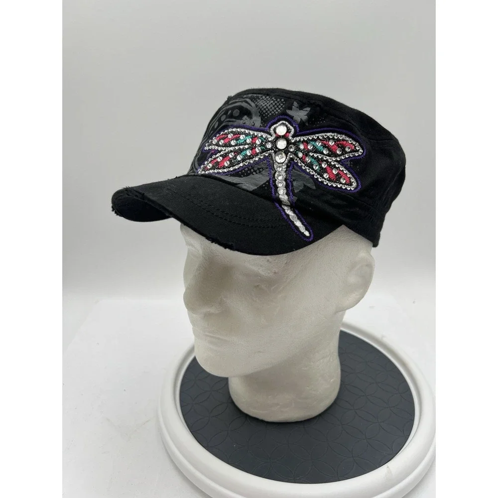 Wild Wear Womens Dragonfly Rhinestone Cadet Hat Black Distressed Military Cap